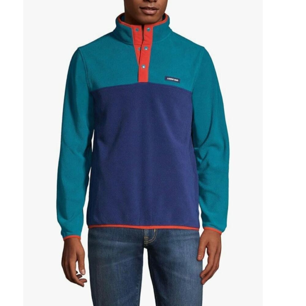 Lands End Mens Snap Neck Fleece Pullover Navy Peacock Colorblock Regular Medium